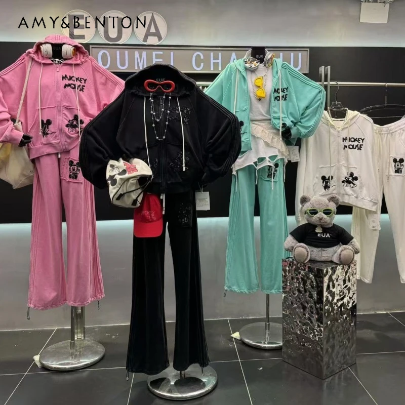 

Heavy Beaded Embroidery Cartoon Letter Sweatshirts Ladies Loose Fit Versatile Casual Set 2025 Autumn New Kawaii Zipper Hoodies