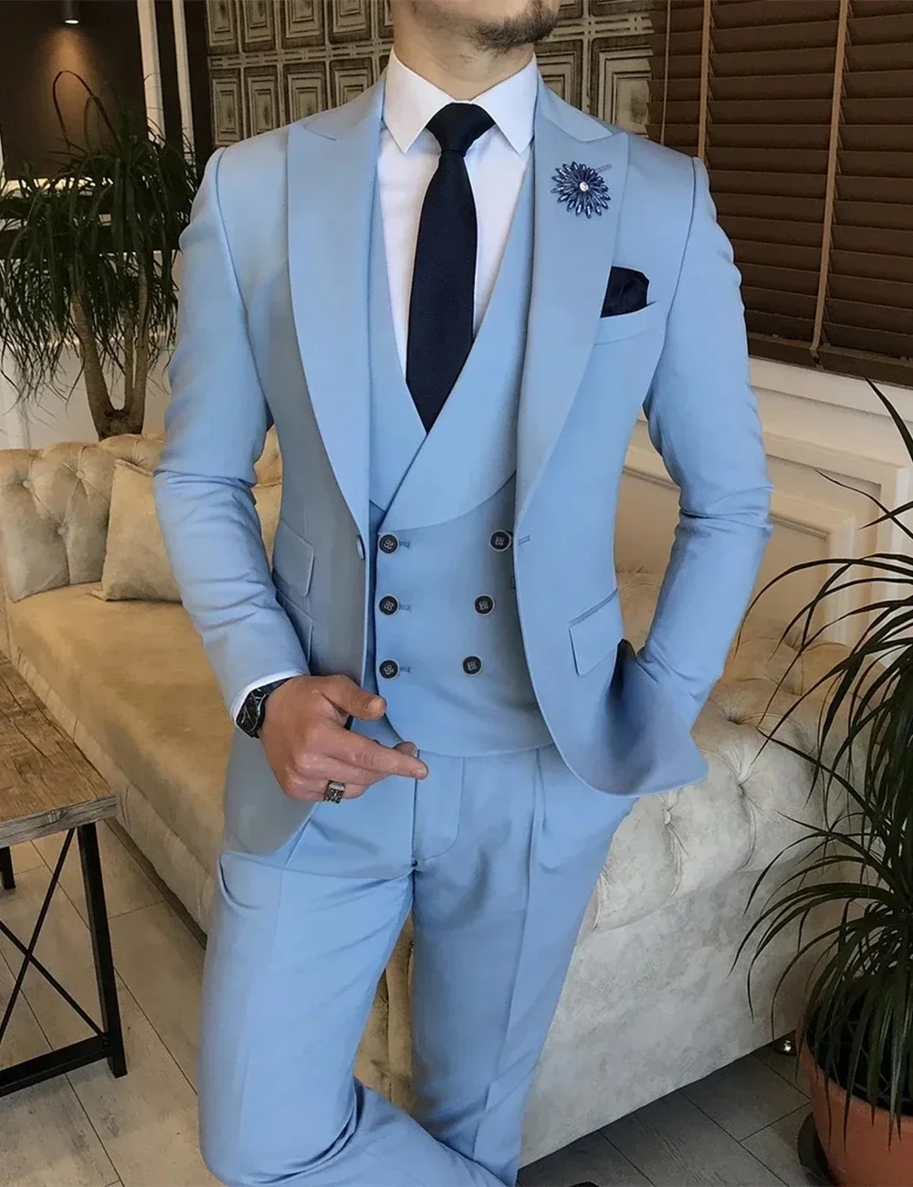 

2024 Sky Blue Men's Smart Business Suit Formal Wedding Blazer Party Tuexdo High Quality 3 Piece Set Trajes Elegante Para Hombres