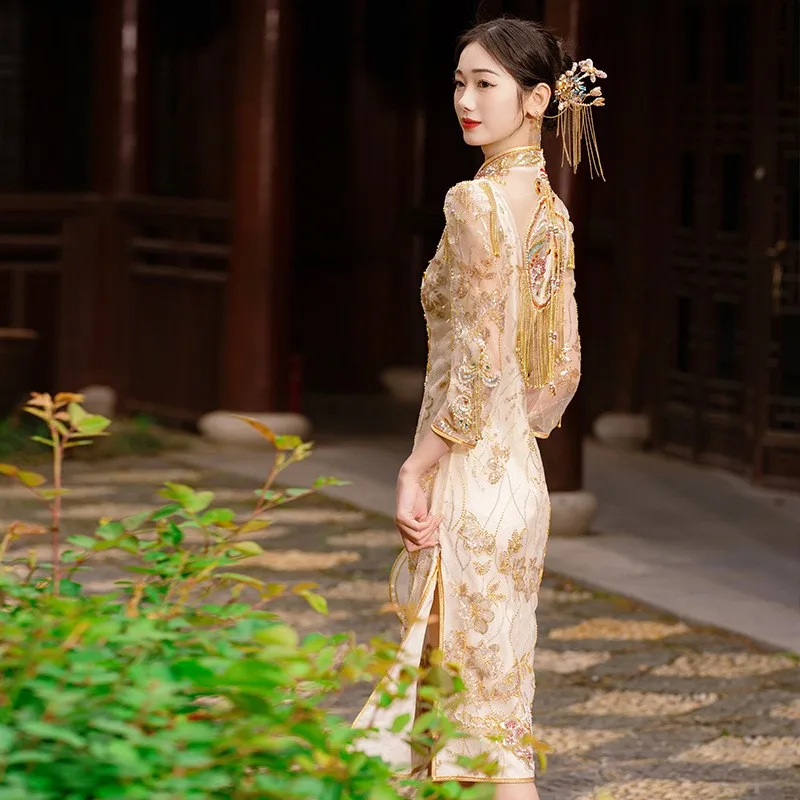 

Champagne gold cheongsam new Chinese-style toasting heavy industry dress