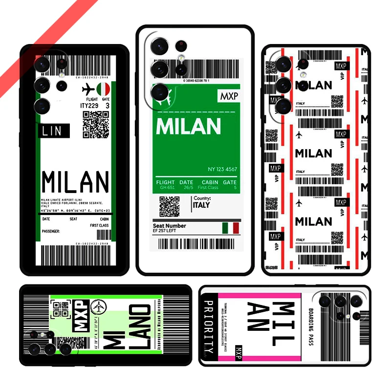 Milan Boarding Pass Phone Case For Samsung Galaxy S20 FE S21 S10 S23 Plus S24 S22 Ultra Coque Note20 Note10 S9 S8 Cover Capa