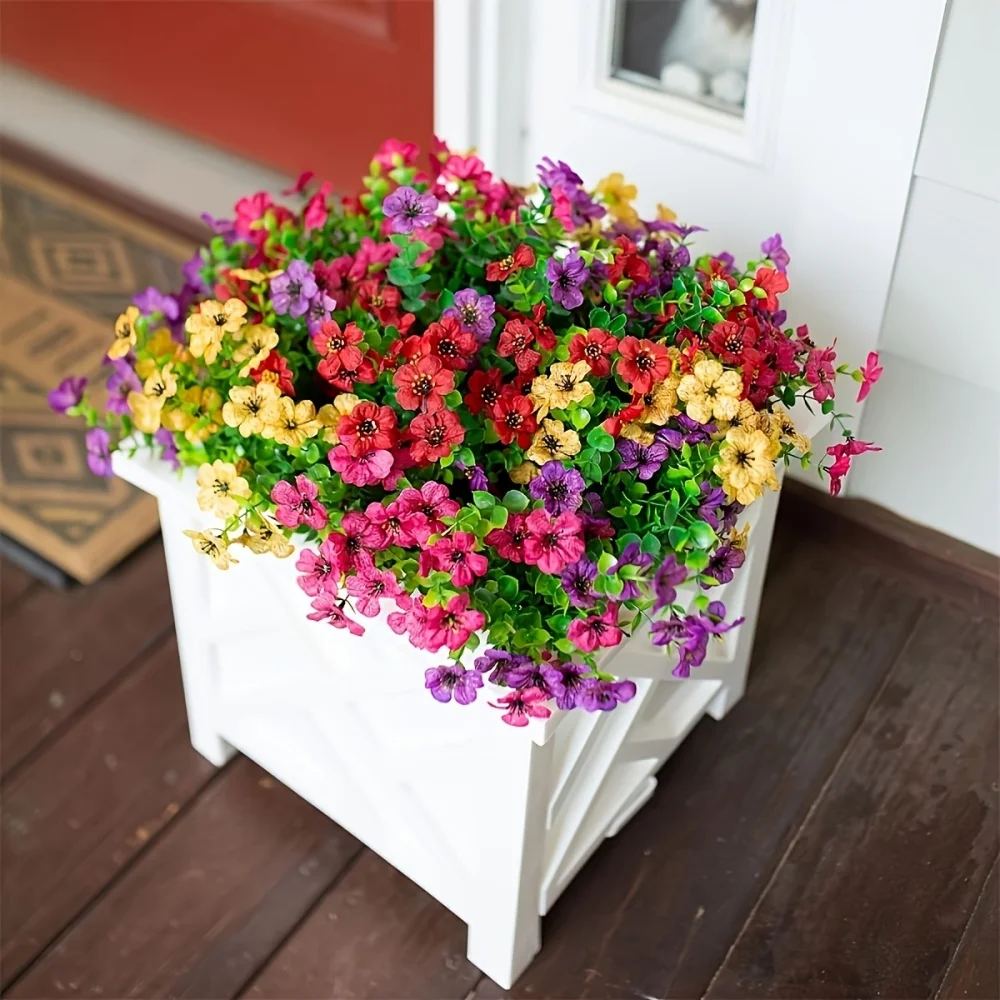 12 Bundles,Uv-Resistant Artificial Daisy Flowers - Mixed Colors, Faux Silk Boxwood For Outdoor Decor