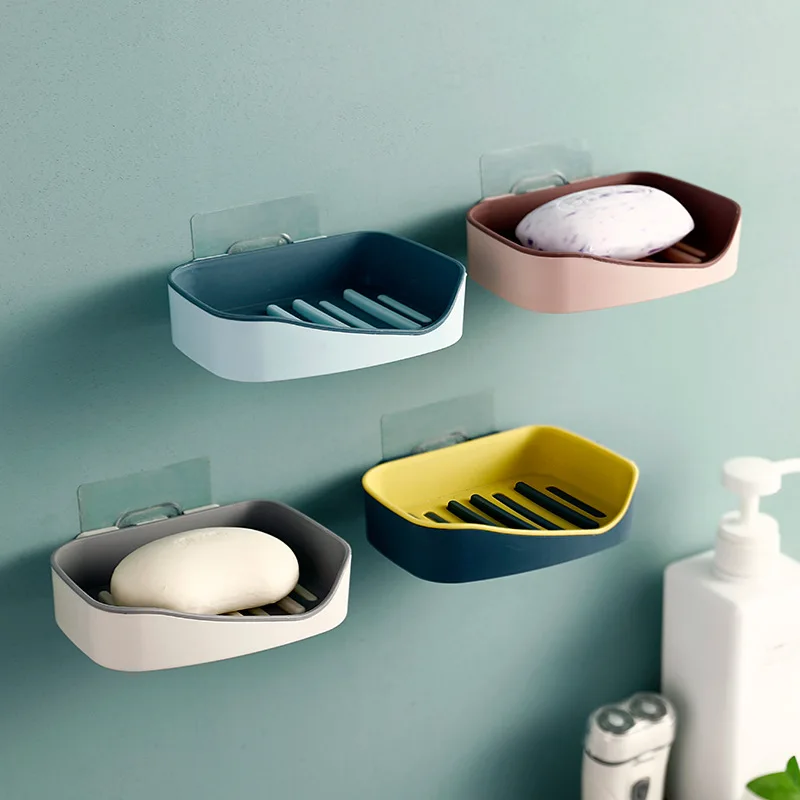 Wall Mounted Soap Dish With Drain Water No Punching Home Bathroom Supplies Shelf Self-Adhesive Solid Soap Box Holder Storage Box