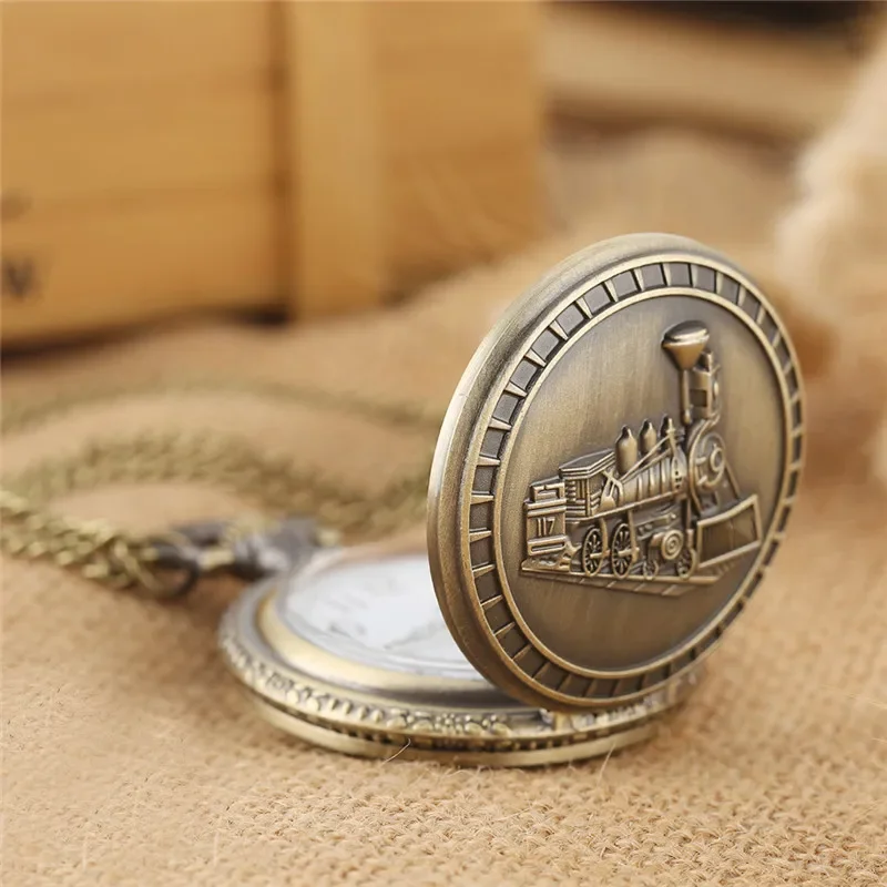 Steampunk Pocket Watch Locomotive Steam Train Design Bronze Arabic Numeral Quartz Analog Clock Necklace Chain Timepiece Reloj