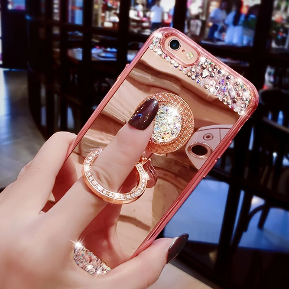 Diamond Soft TPU Crystal Rhinestone Glitter Mirror Ring Holder Stand Phone Case For Samsung S22 Plus S23 S21 FE S20 Ultra S10