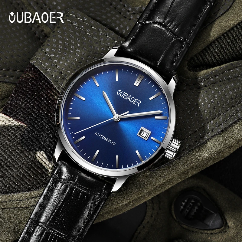 OUBAOER Men Watch Automatic Mechanical Male Bussiness Leather Strap Wristwatches Auto Date Waterproof Classic Minimalist Clocks