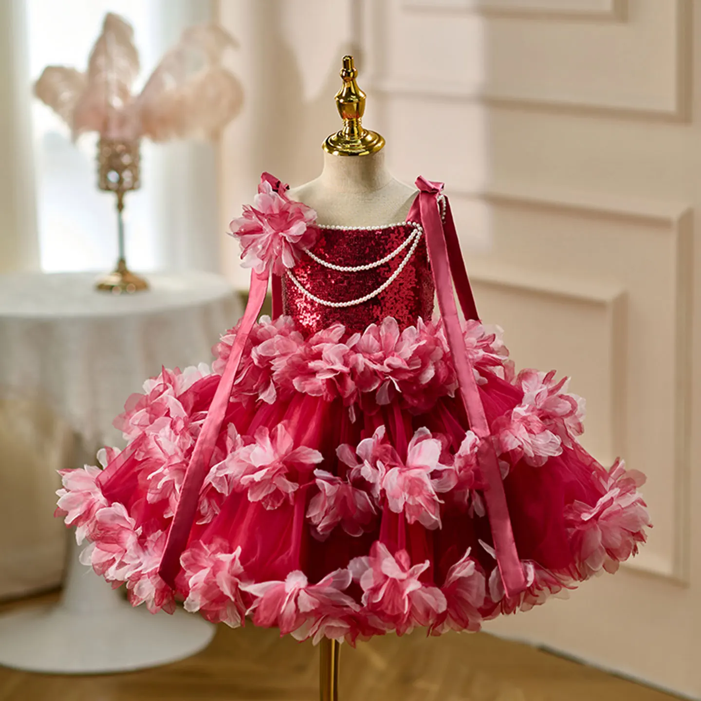 فستان Jill Wish J428 باللون العنابي لفتاة الزهور بدون أكمام بطول الركبة للأميرة للأطفال لحفلات الزفاف وأعياد الميلاد وحفلات رسمية