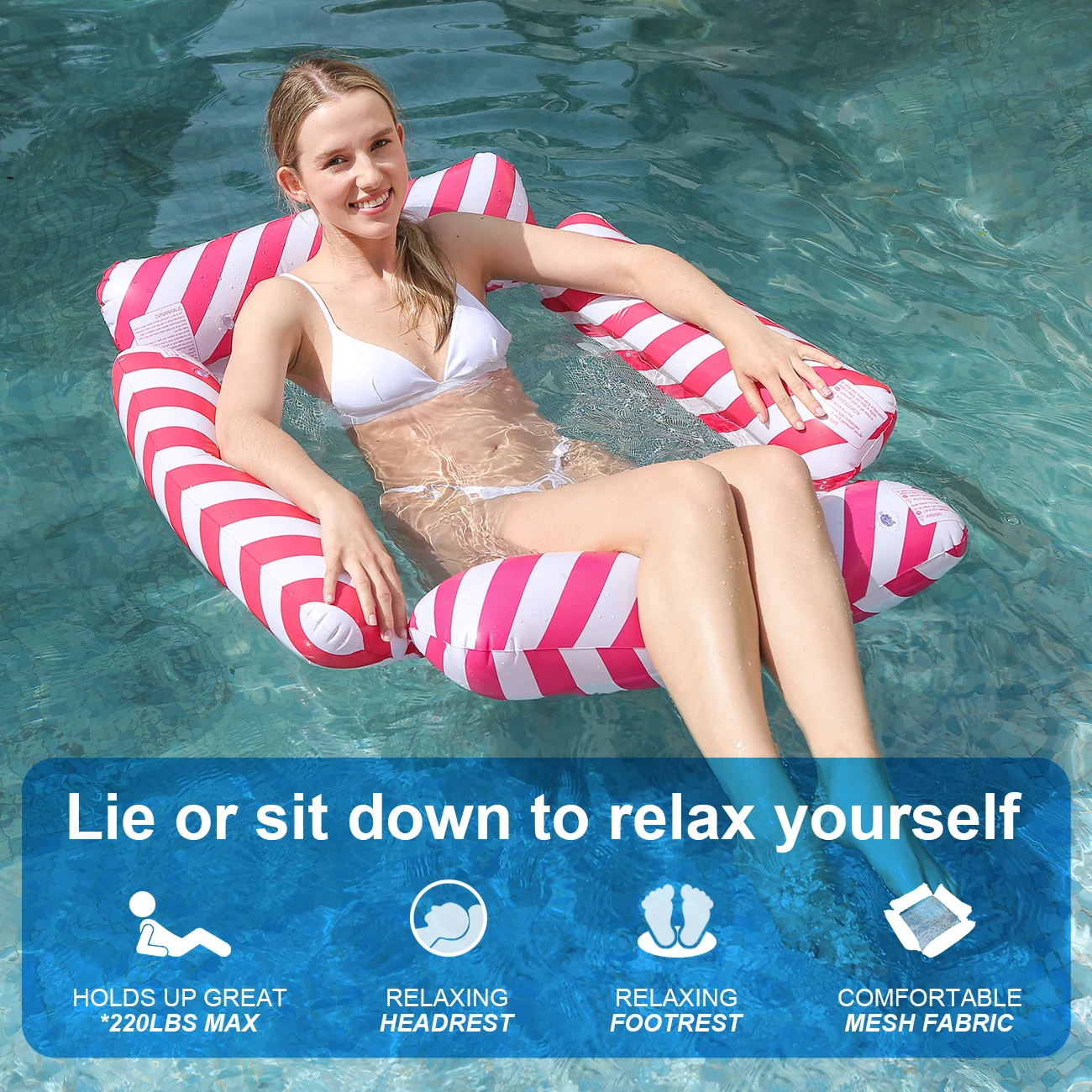 1 x aufblasbarer Schwimmbad-Sessel, gestreifte Hängematten-Schwimmsessel, geeignet für Partys und Urlaub