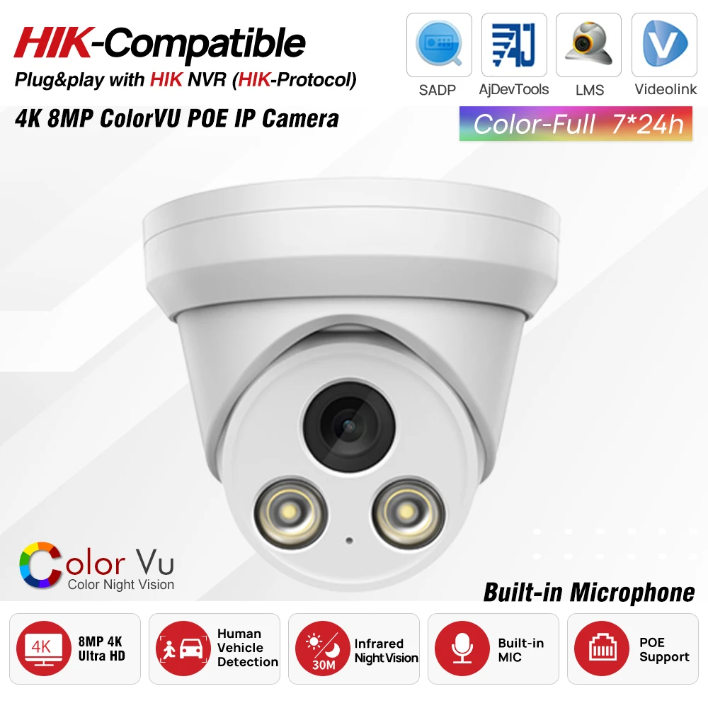 

Совместимая с Hikvision 4K 8МП IP-камера с ИК-подсветкой и полноцветным ночным видением, камера видеонаблюдения со встроенным микрофоном, Plug&Play, совместимая с HIK NVR