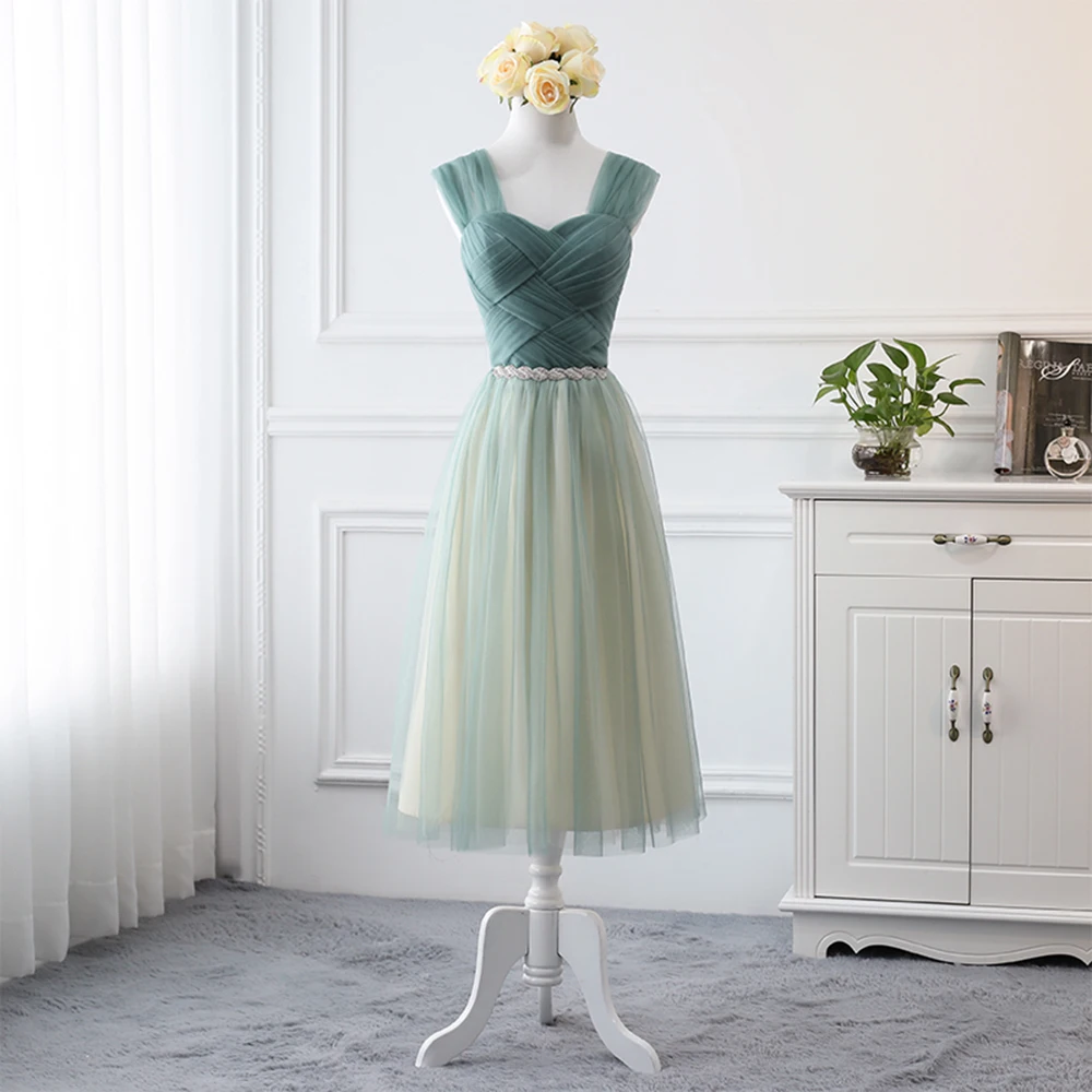 Elegant Green Bridesmaid Dress 3 Lengths Square Backless Off Shoulder A-Line Gown Unique Tulle Weave Texture Evening Vestido