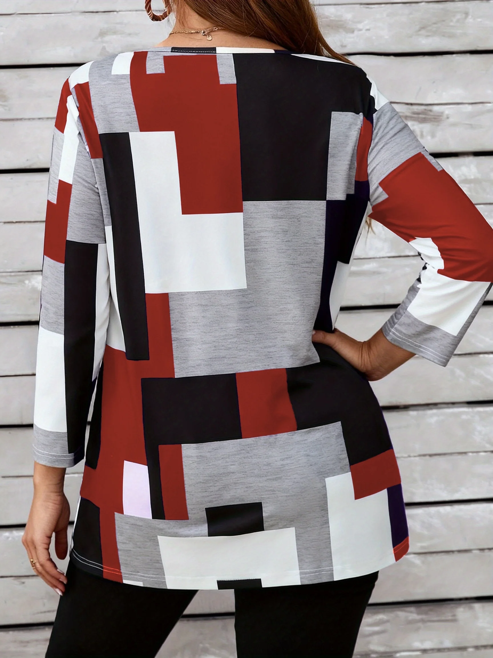 Trendiges Plus-Size Damen-Oberteil mit Farbblöcken und langen Ärmeln für modernen Stil – Detail 5