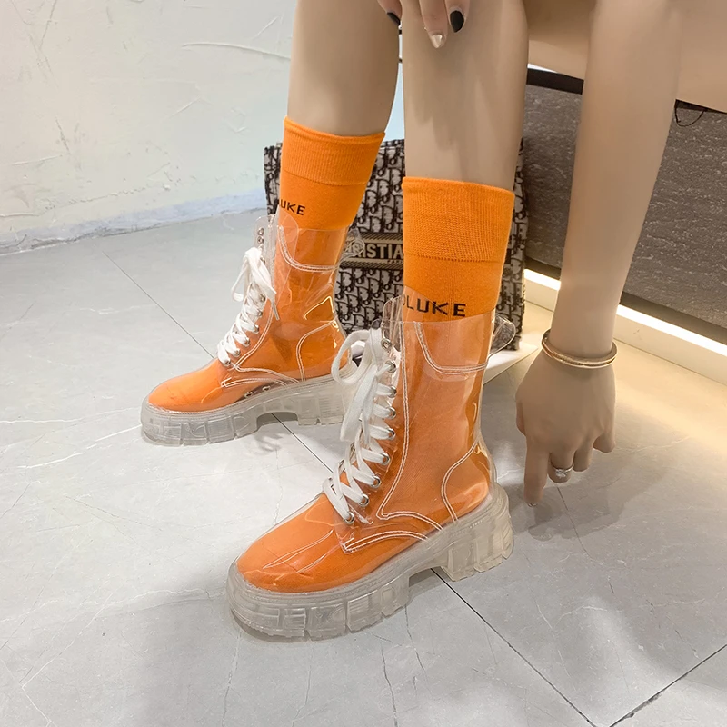 

Thick-soled Round Toe Lace-up Transparent Waterproof Platform, Versatile, Comfortable and Anti-slip Fashion Women's Ankle Boots