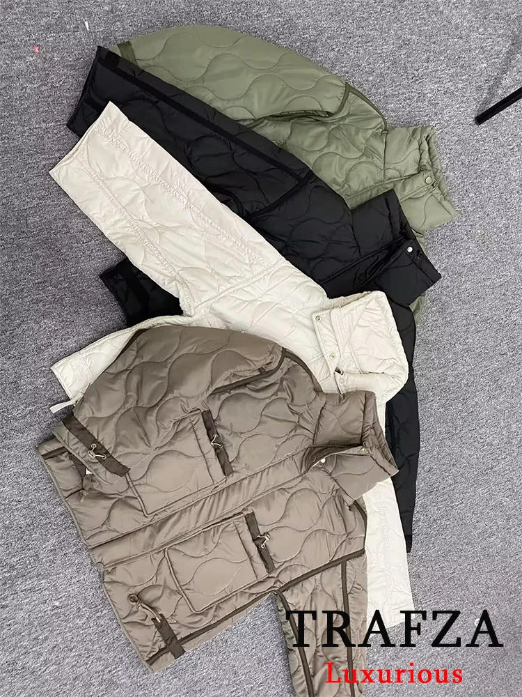 Trafza Vintage lässig solide Frauen übergroße Jacken Taschen Reiß verschluss Roll kragen dicke Mäntel neue Mode 2024 Herbst Winter Outwear