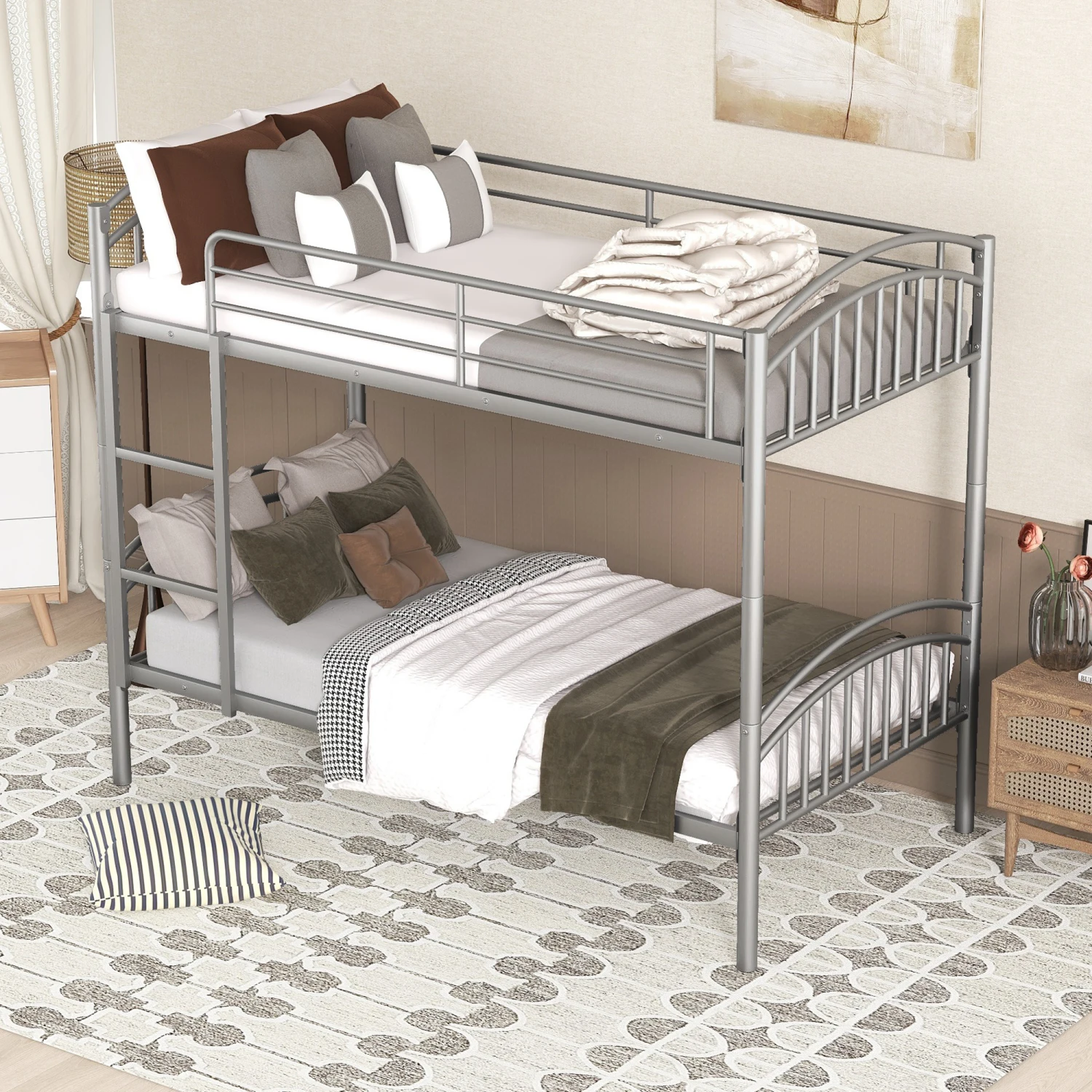 Twin Over Twin Metal Bunk Bed,Divided into Two Beds(Silver){OLD SKU MF280424AAN}