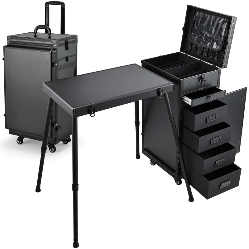 Rolling Manicure Table Makeup Case Foldable Nail Desk 5 Drawers Cosmetology Case on Wheels with Brush Pouch