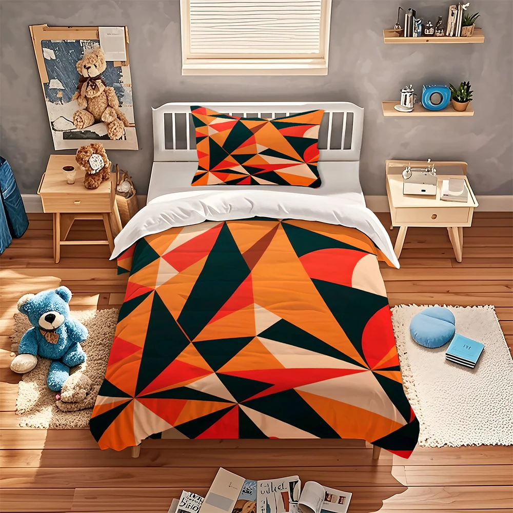 Mid Century Modern Geometric Duvet Cover Set Orange Red Dark Green Triangle Abstract Bedding Set Color Block Retro Quilt Cover