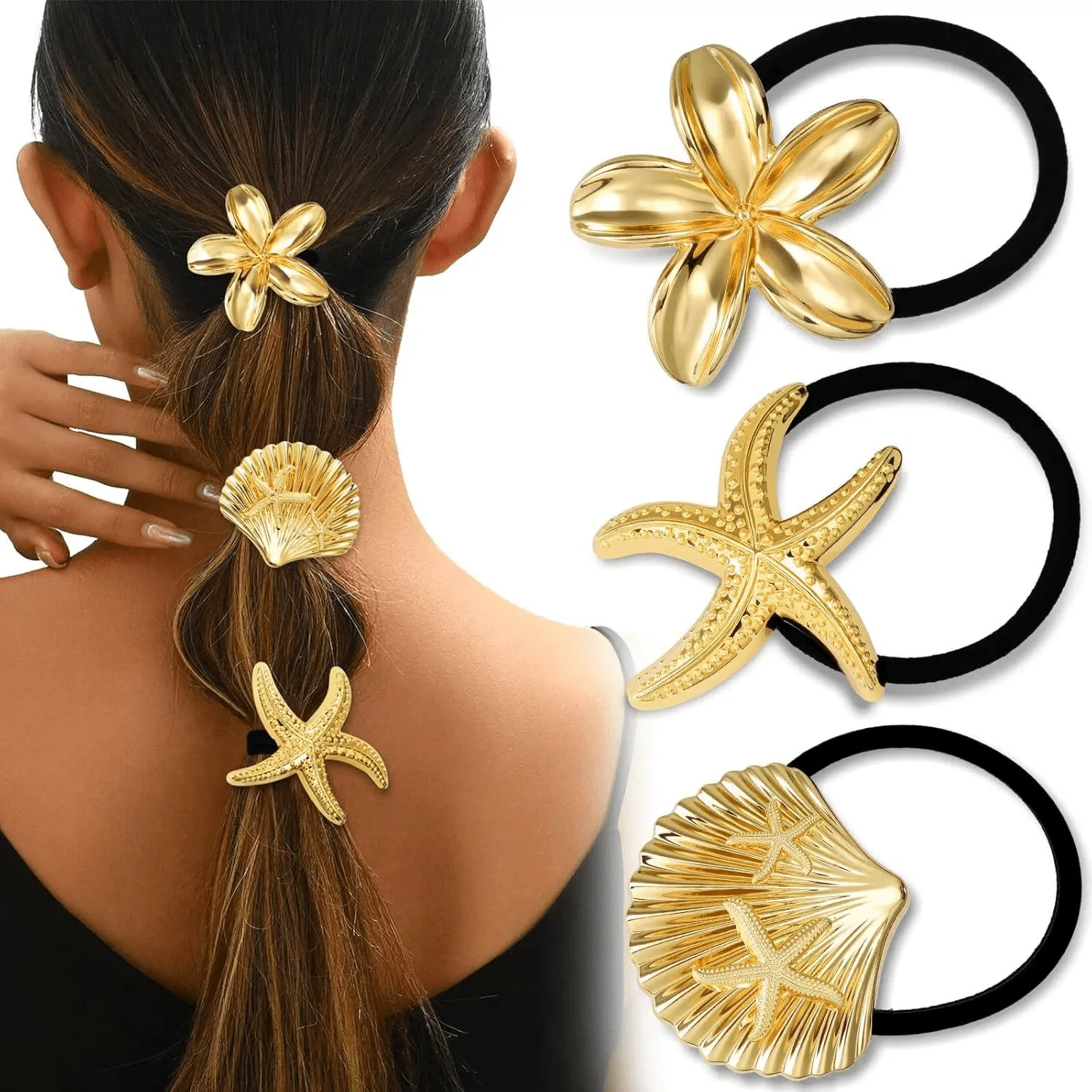 

3pcs Gold-Tone Metal Hair Ties with Flower, Starfish & Shell Charms