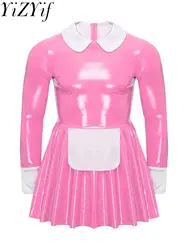 Mens Male Sissy Maid Dress Sexy Cosplay Costume Clubwear Puff Sleeve Wetlook Latex Maid Servant Uniform Flared Dress with Apron