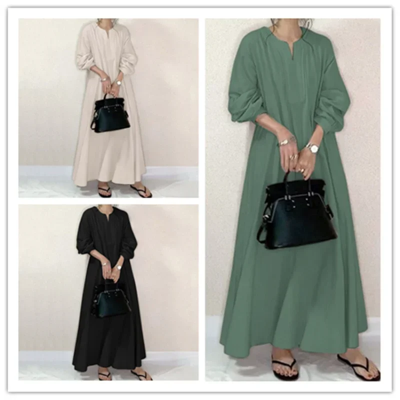 

2025 New Muslim Abayat Dress Cotton Linen Lazy Wind Abayas Women Loose Round Neck Long Japanese and Korean Style Womens Dress