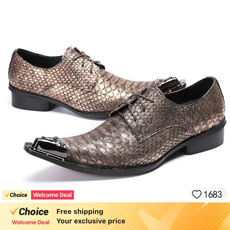 

Luxury retro men's formal shoes, gold snake patterned men's party shoes, wedding banquet business pointed leather Oxford shoes