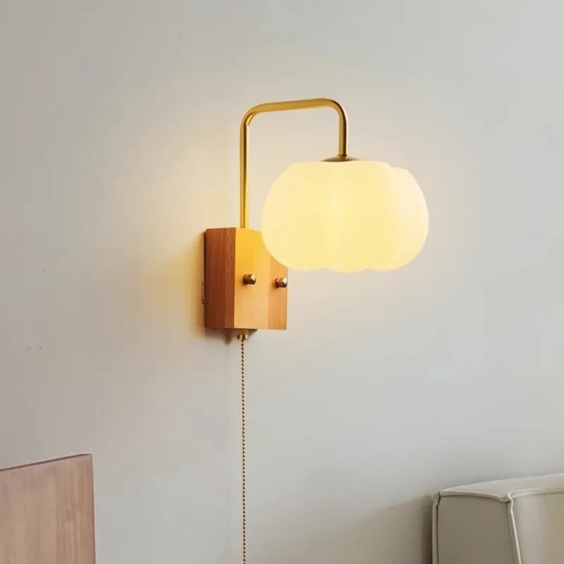 Luz de pared Led al lado de la lámpara moderna nueva linterna de calabaza china Color madera de nogal dormitorio estudio cabecera lámpara de pasillo AC110-220V