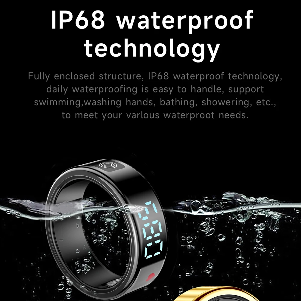 SR08 Moda Smart Ring Display Schermo Smart Touch Acciaio inossidabile 5ATM IP68 Anello da dito impermeabile Health Tracker Uomo Donna