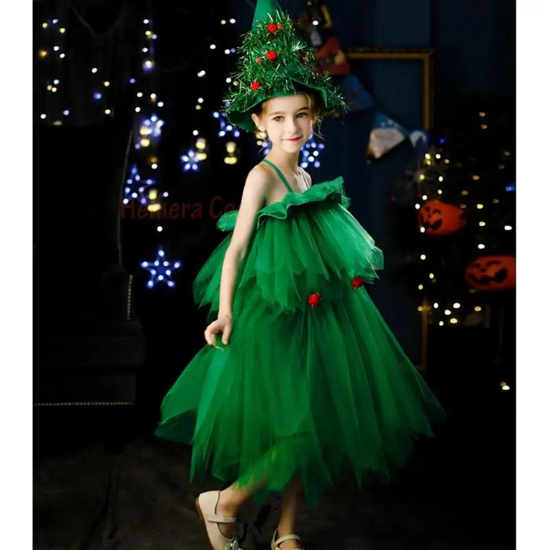 Women Girls Kids Children Green Christmas Tree Costume Outfit Cosplay Props Hat Elf Fancy Netting Dresses Light