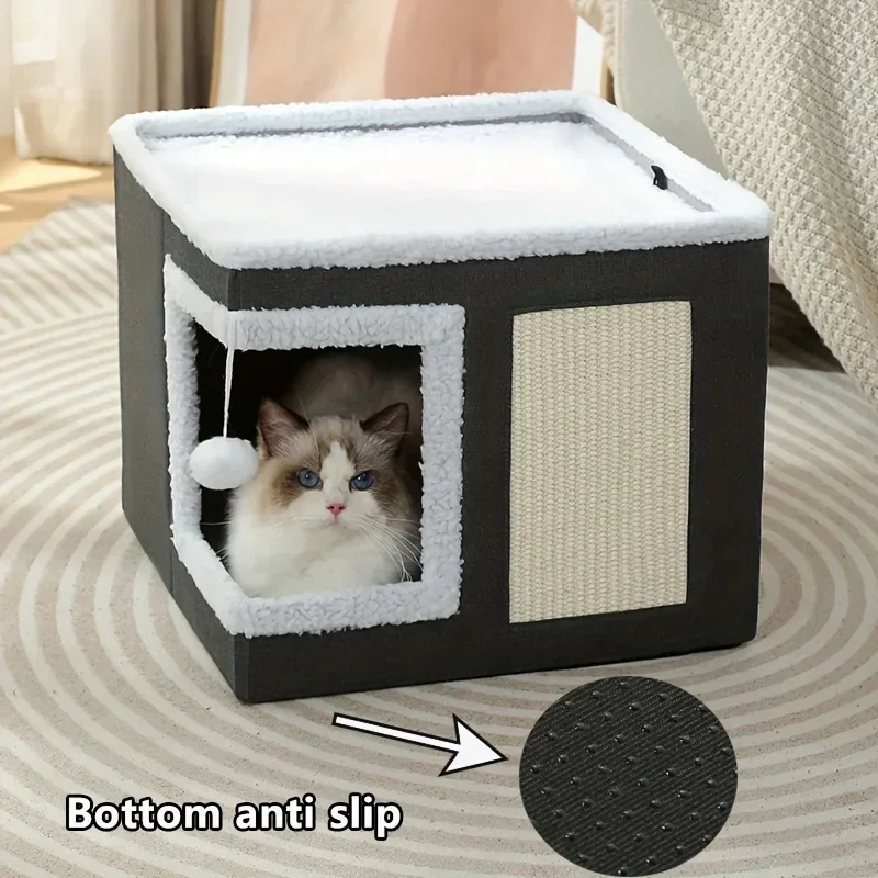 Foldable Cat House with A Built-in Scraper Features A Sleek Modern Design and Includes A Non-slip Bottom for Added Stability