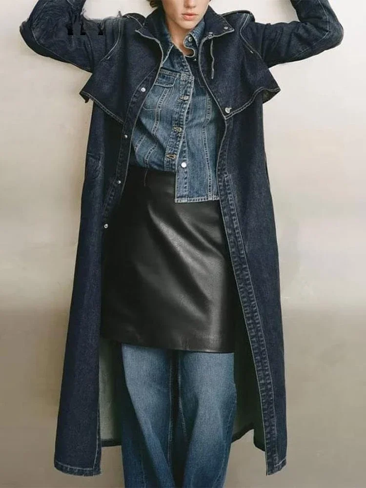 Trench coat jeans feminino com renda, streetwear de manga cheia, roupas de quebra-vento longo, monocromático, nova moda outono