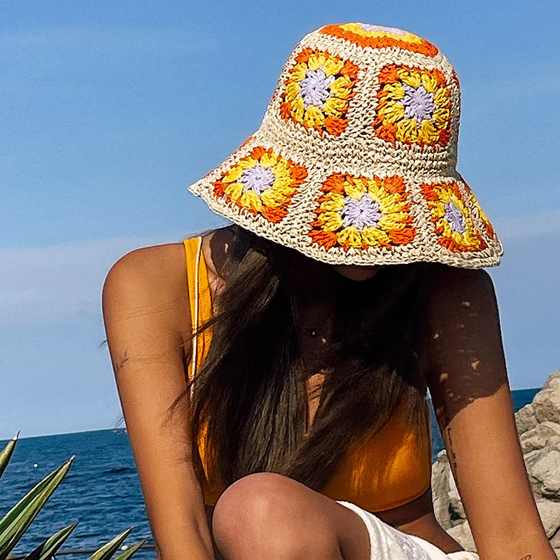 Japan Korea Crochet Sun Hat Women Summer Flowers Pure Hand Woven Straw Beach Hat Sunshade Fisherman Caps Breathable Bucket Hat