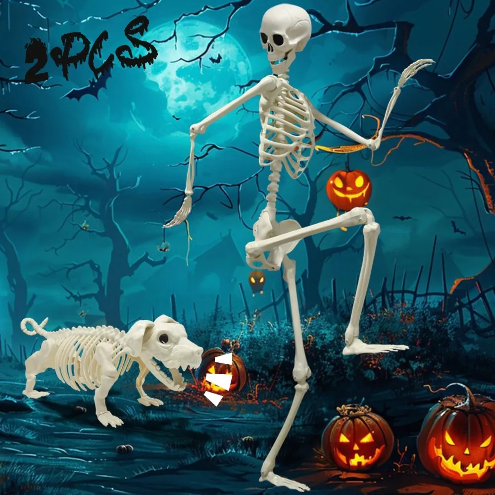 5.4ft Skeleton Halloween Decoration, Life Full Size Skeleton with Dog Skeleton, Posable Human Skeletons Realistic Plastic Bones