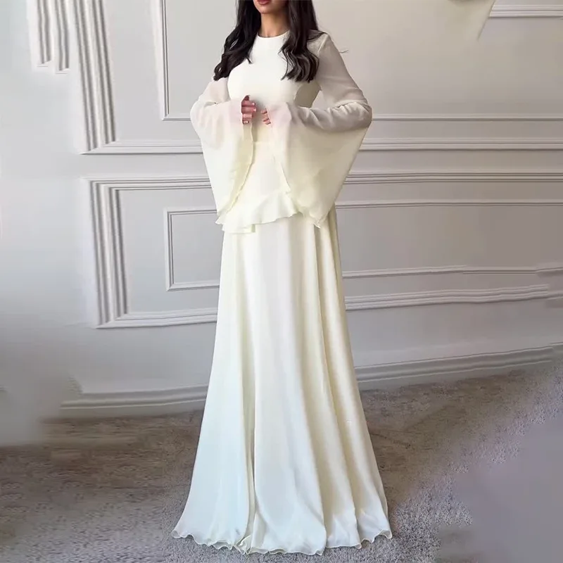 Elegantes Damen-Maxikleid mit langen Ärmeln, Rundhalsausschnitt, Rüschen, A-Linie, hoher Taille, schmal geschnitten, Herbst-Bankett-Outfit 2026, neues Damen-Partykleid
