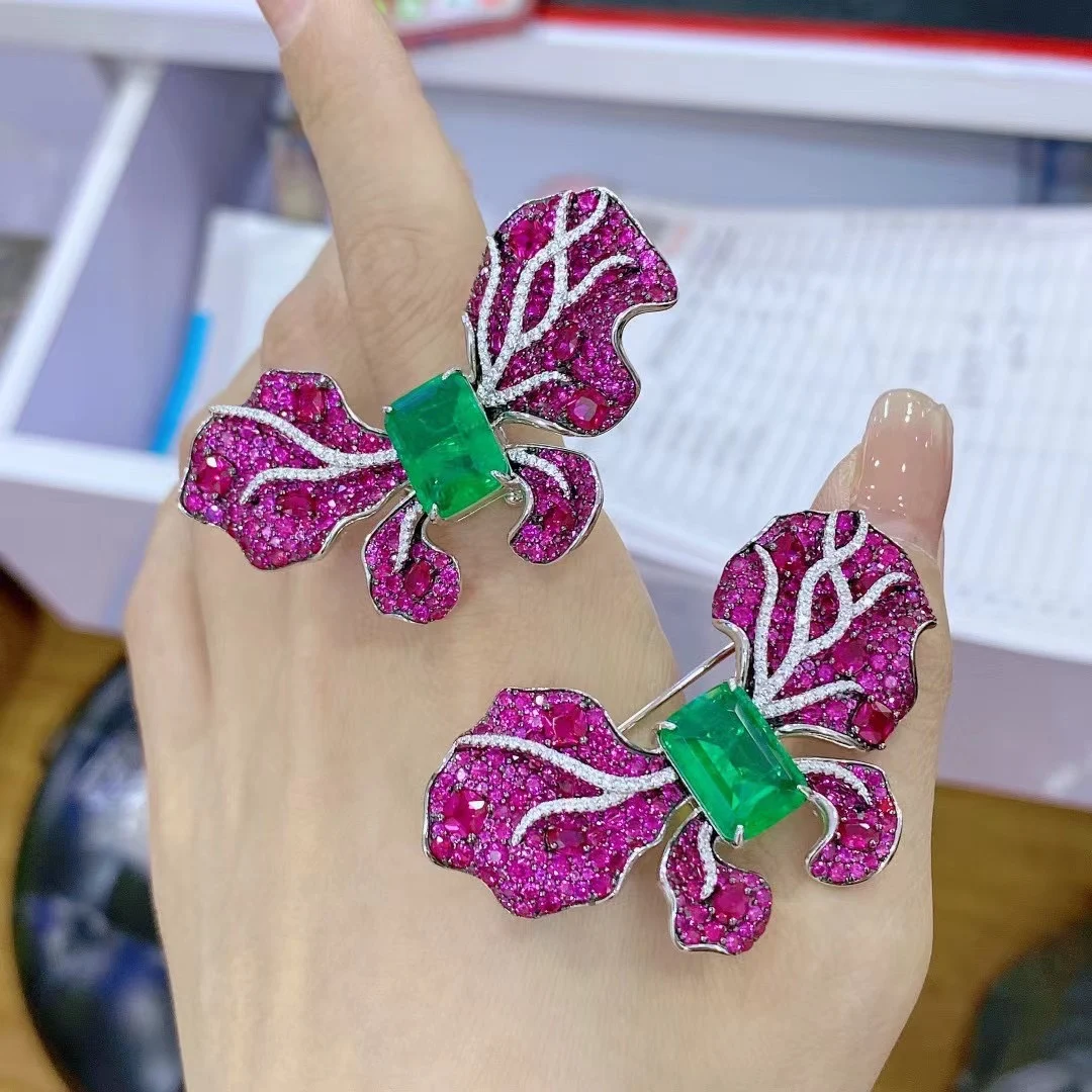 ZOCA Beautiful 925 Sterling Silver 32×53mm Pink Butterfly Synthetic Emerald Rings Brooches for Women Fine Jewelry