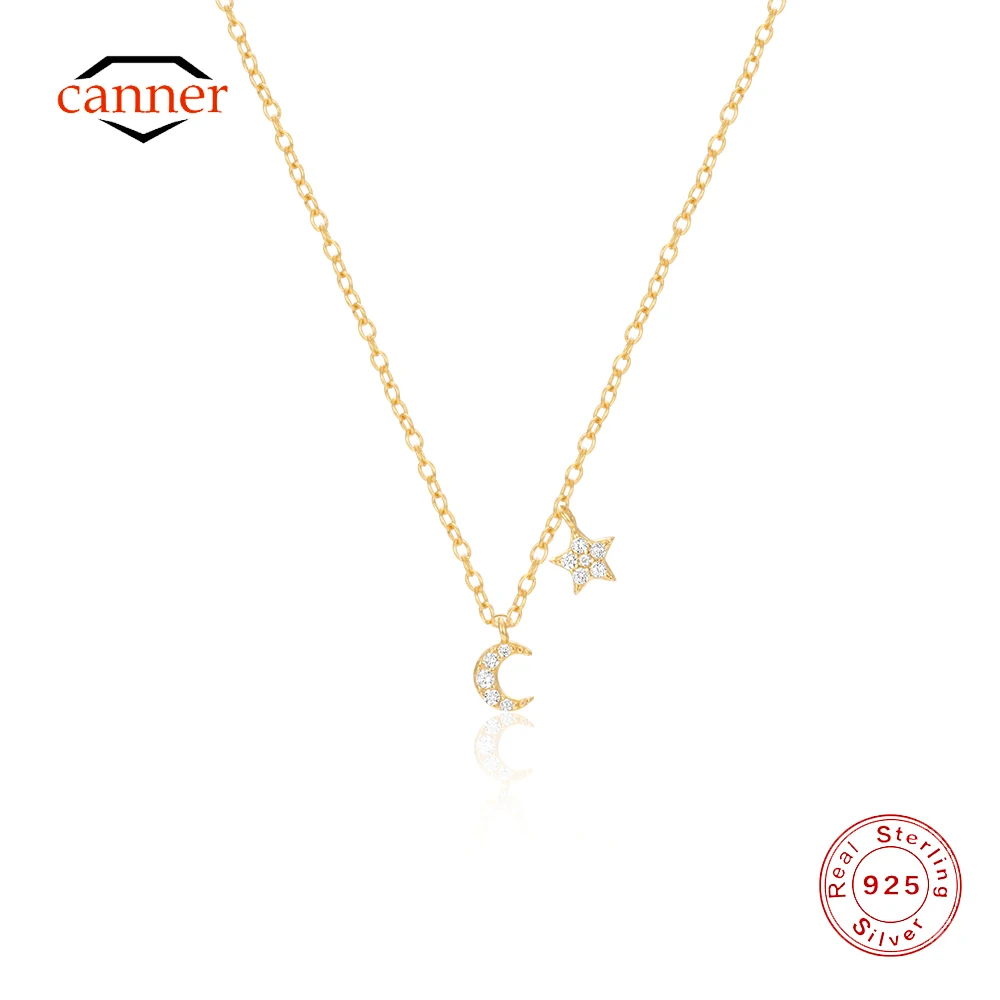 CANNER 925 Sterling Silver Star Crescent Zircon Collarbone Naszyjnik dla kobiet 18K Gold Ins Simple Lune Necklace Fine Jewelry
