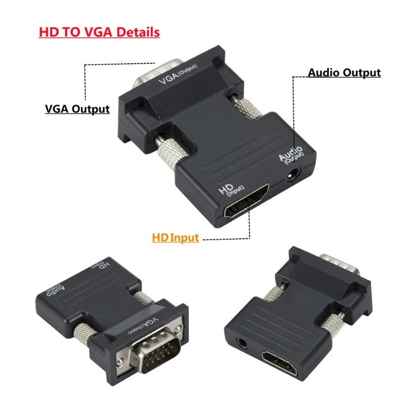 HDMI to VGA Converter with 3.5mm Audio Cable 1080p Female to HD Male Adapter for PS4 PC Laptop TV Monitor Projector DIY