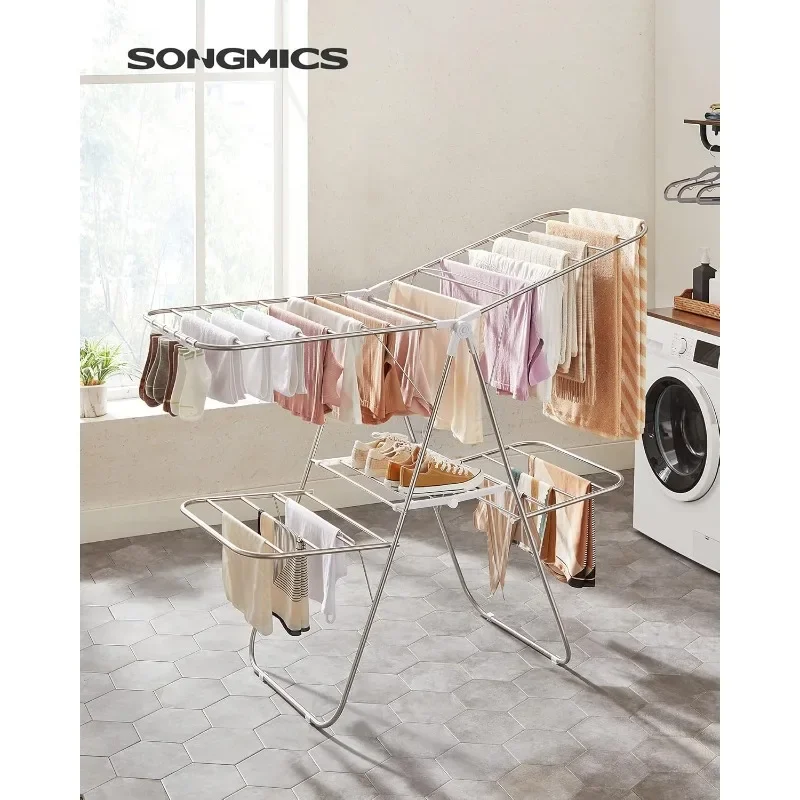 SONGMICS Clothes Drying Rack, Foldable 2-Level Laundry Drying Rack, Free-Standing Large Drying Rack