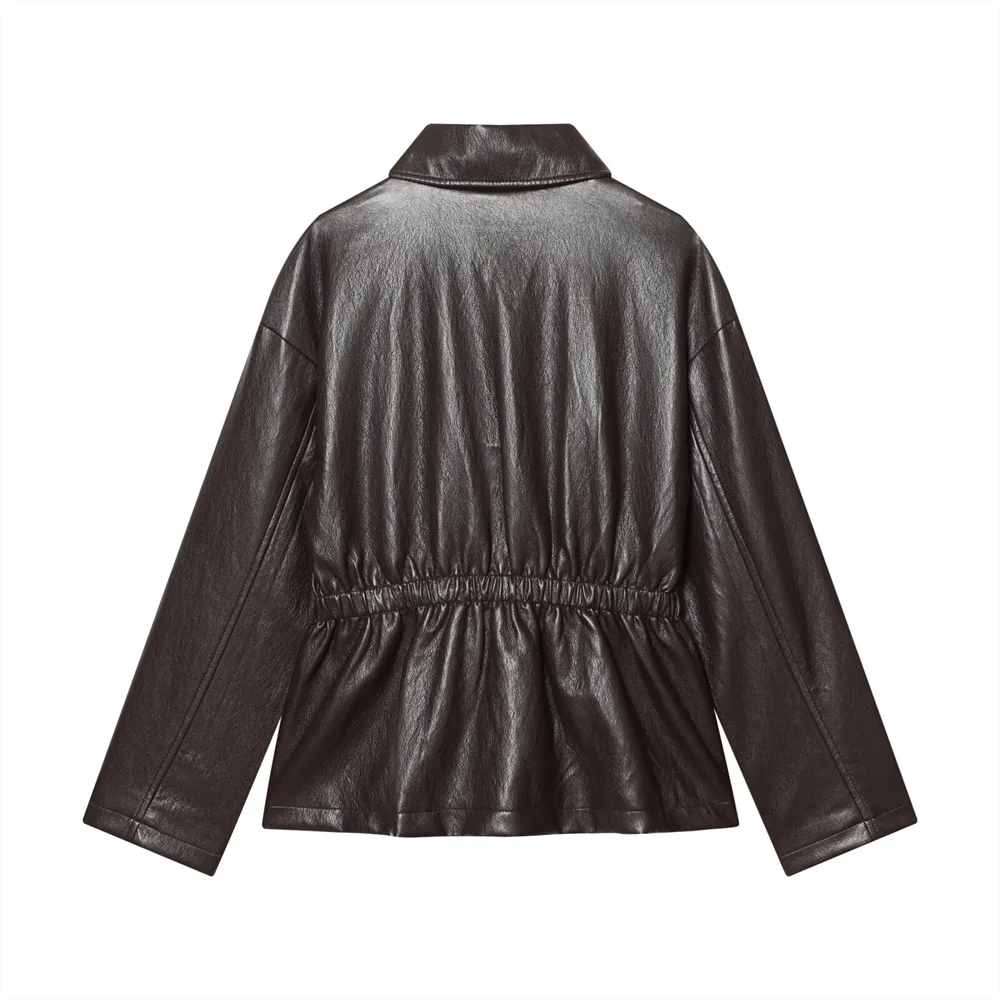 2026 New Women's Fashion Long Sleeve Turn-Down Collar Elastic Waist Synthetic Leather Jacket Short Coat