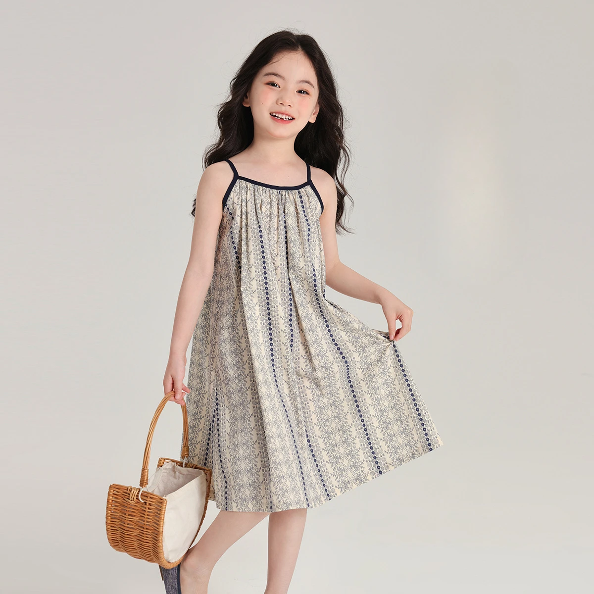 

Girl Dress 2024 Summer New Mori Contrasting Color Girls Halter Vest Long Dress Comfortable Loose Baby Girls Fashion Dress Skirts