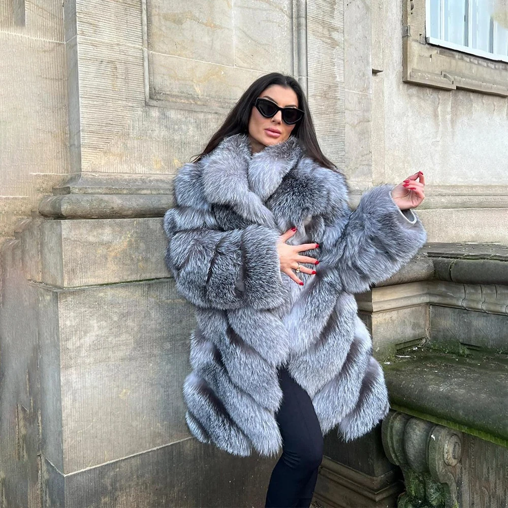 Luxury Womens Winter Real Silver Fox Fur Thick Coat Fashion Elegant Natural Fox Fur Lapel Warm Jacket Female Real Fur Outwear