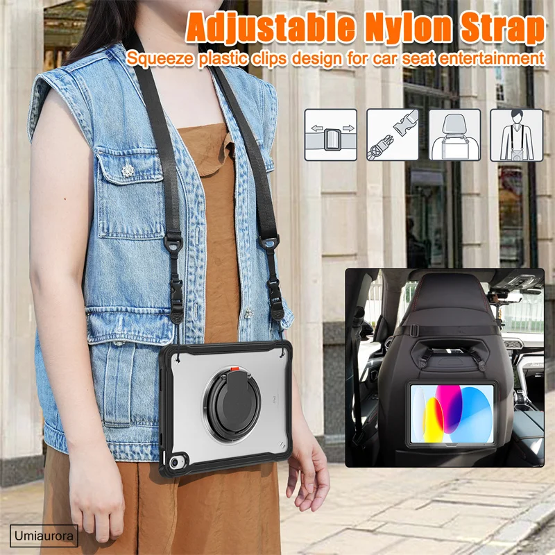 For IPad 7th 8th 9th 10.2 10th Gen 10.9 Air2 Pro 9.7 inch Tablet Case Rotation Hand Ring Stand Strap Kids Shockproof Cover Funda