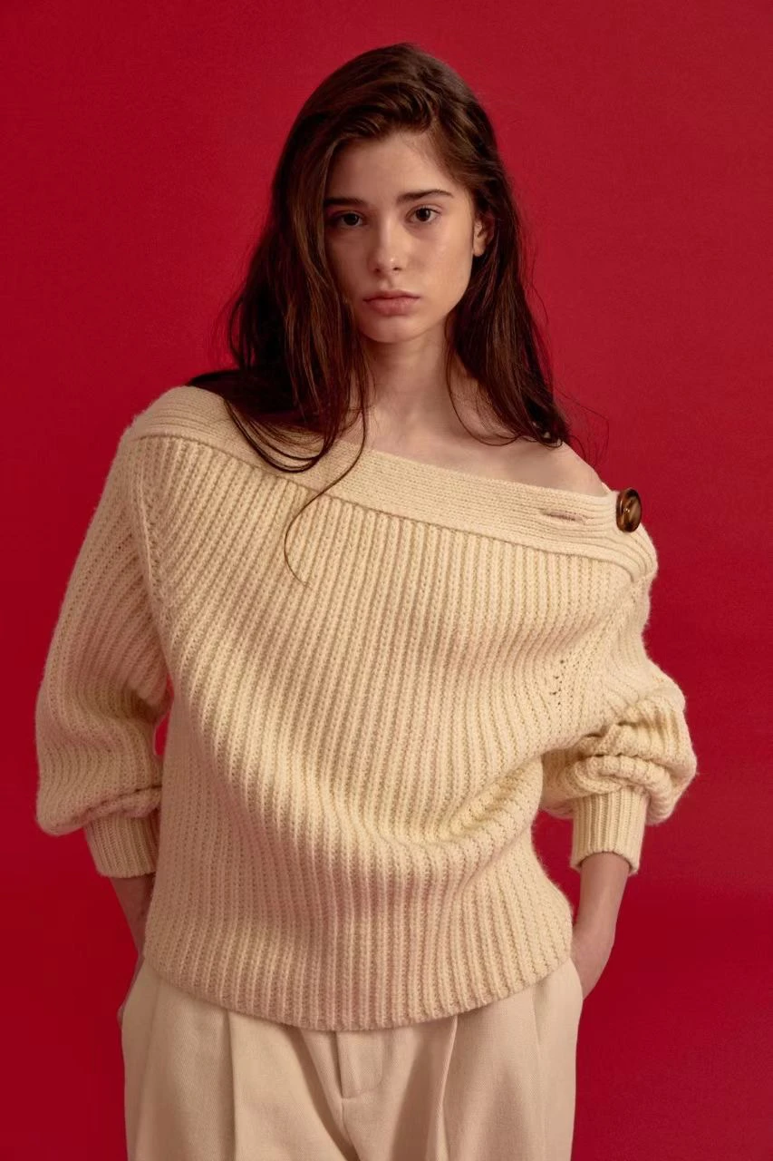 

Моющийся вязаный топ с большими пуговицами Асимметричный дизайн Farven Sle Осень Зима Свободный крой Long Sve