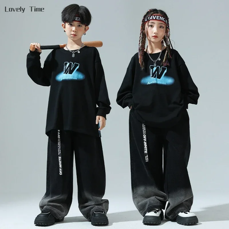 Boys Sweatshirt Black Jogges Pants Kids Girls Hip Hop Loose Street Dance Outfit Children Streetwear Kids Sportwear Clothes Sets