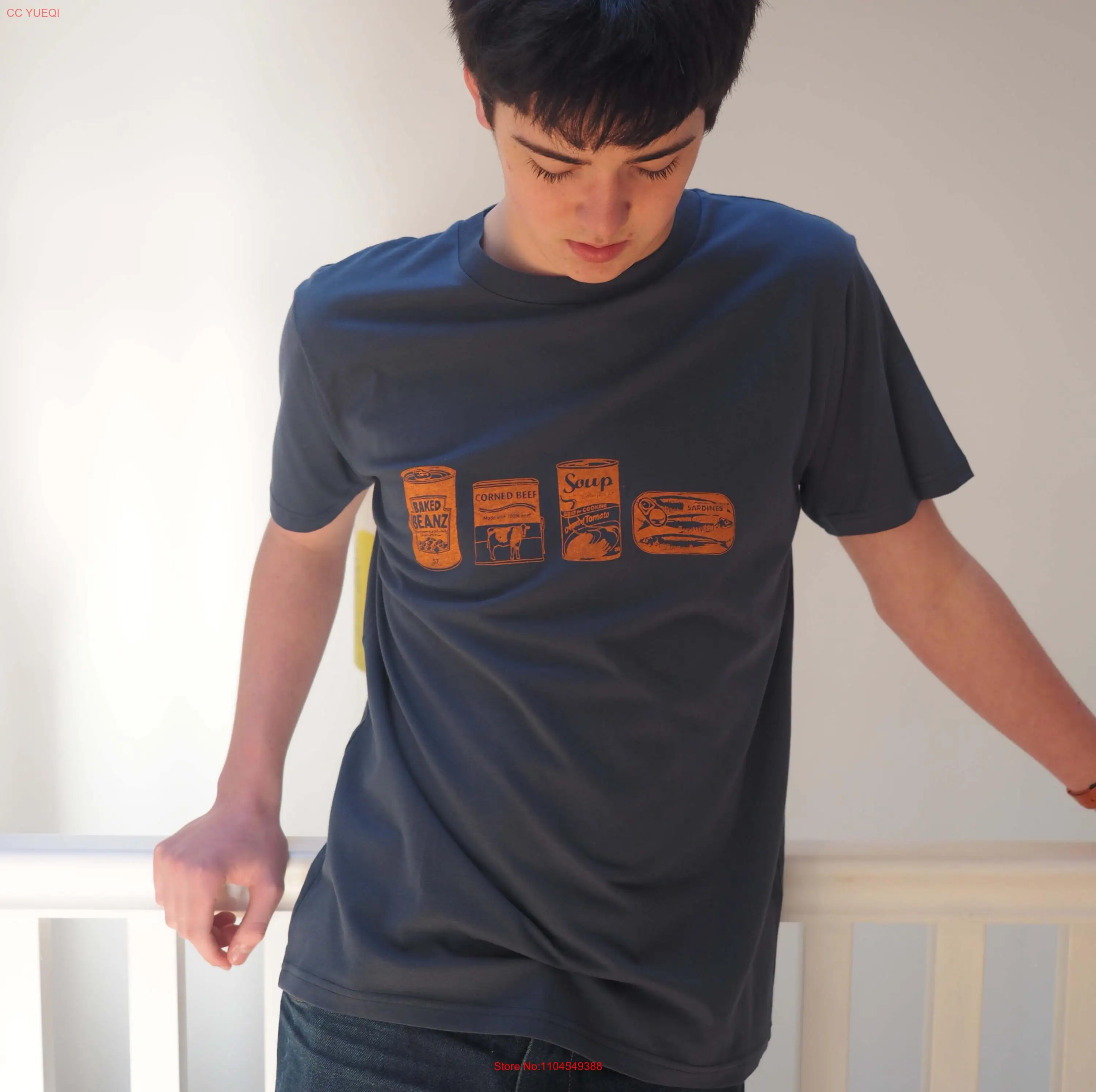 Camiseta de comida estañada, pescado, frijoles al horno, carne cortada, sopa de tomate, regalo gourmet, cocina, estampado de sardinas, mangas largas o cortas