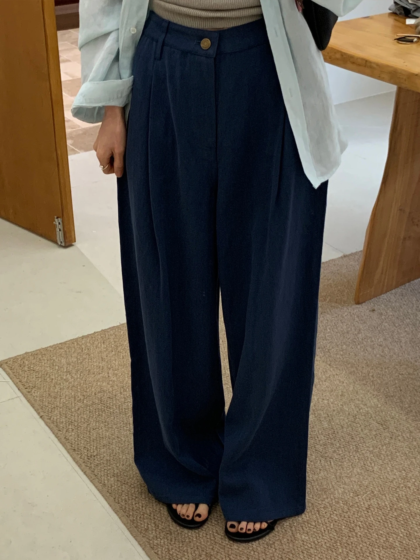 

High Waist Blue Wide Leg Casual Pants Women's Spring Fashion Straight Cut Floor Length Trousers Comfortable Slimming Drapey