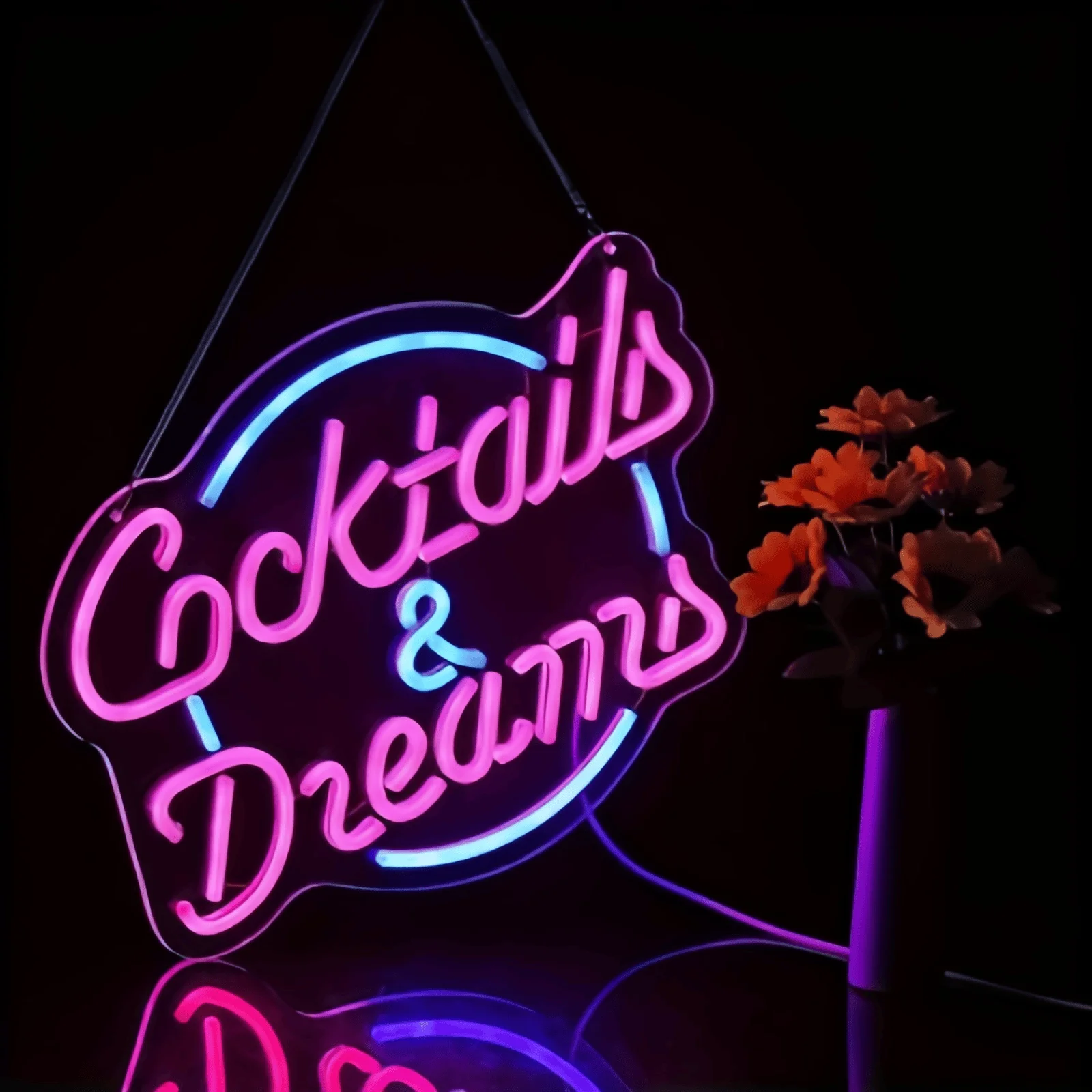 LED Cocktails & Dreams Neon Sign Pink Blue USB Powered Wall Light for Bar Home Bedroom Decor Aesthetic Hanging Lamp