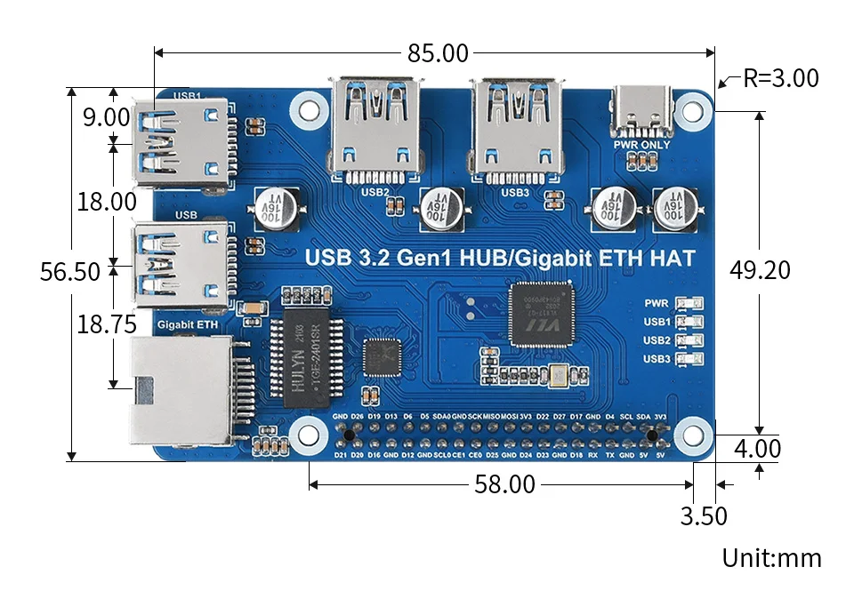 USB 3.2 Gen1 HUB Gigabit ETH HAT, USB 3.2 Gen1 i Gigabit Ethernet HUB HAT dla Raspberry Pi, 3x USB 3.2 Gen1, 1x Gigabit Ethernet