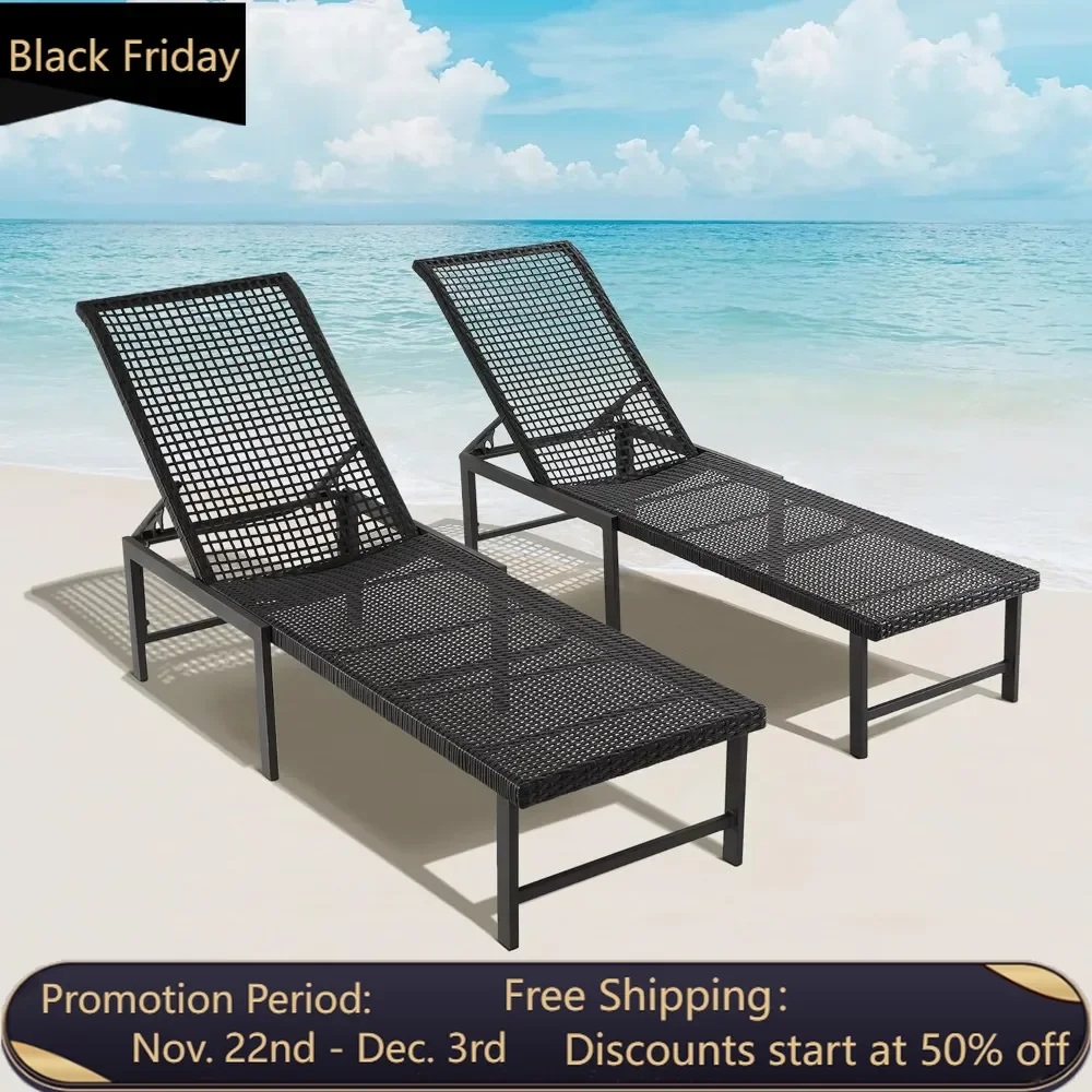 Chaise Lounge Outdoor, Hand-Woven Rattan Pool Lounge Chairs Set of 2, Aluminum Frame 5 Level Adjustable, Lounge Chairs