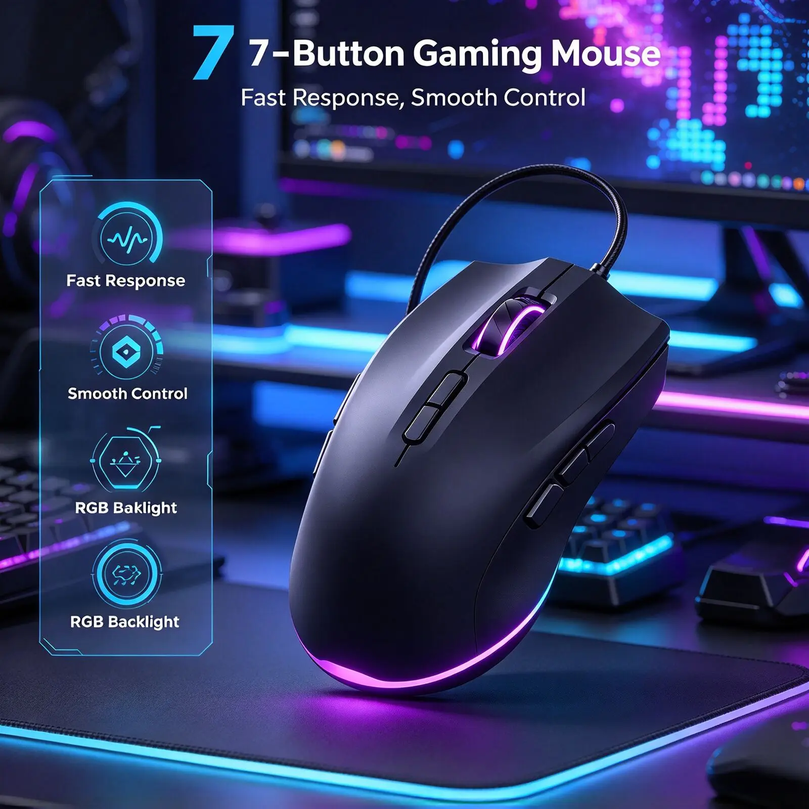 Wired Gaming Mouse 7 Buttons RGB Backlit 7200DPI Adjustable USB Ergonomic Computer Optical Ergonomic Mice Gamer PC Laptop Office