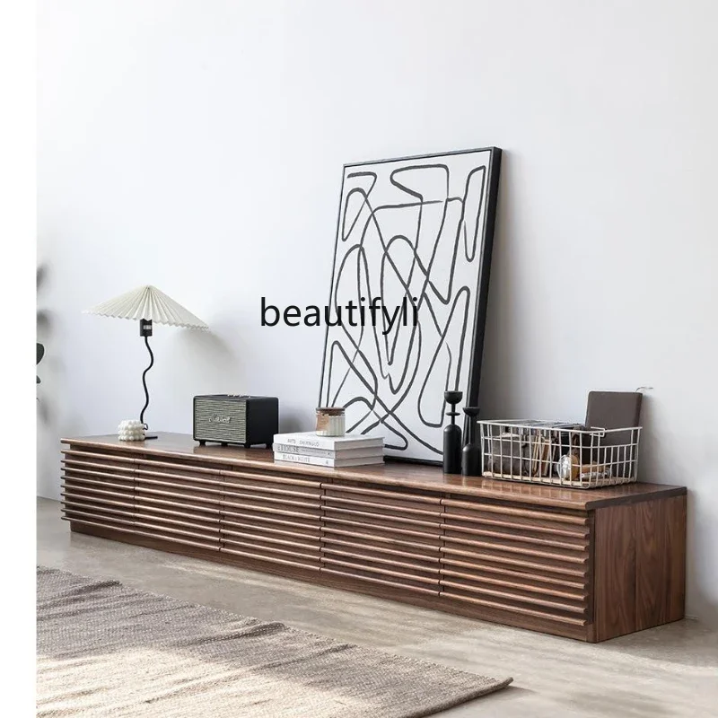 Grille Walnut TV Stand Solid Wood Nordic Light Luxury Audio-Visual Floor Cabinet Living Room Furniture