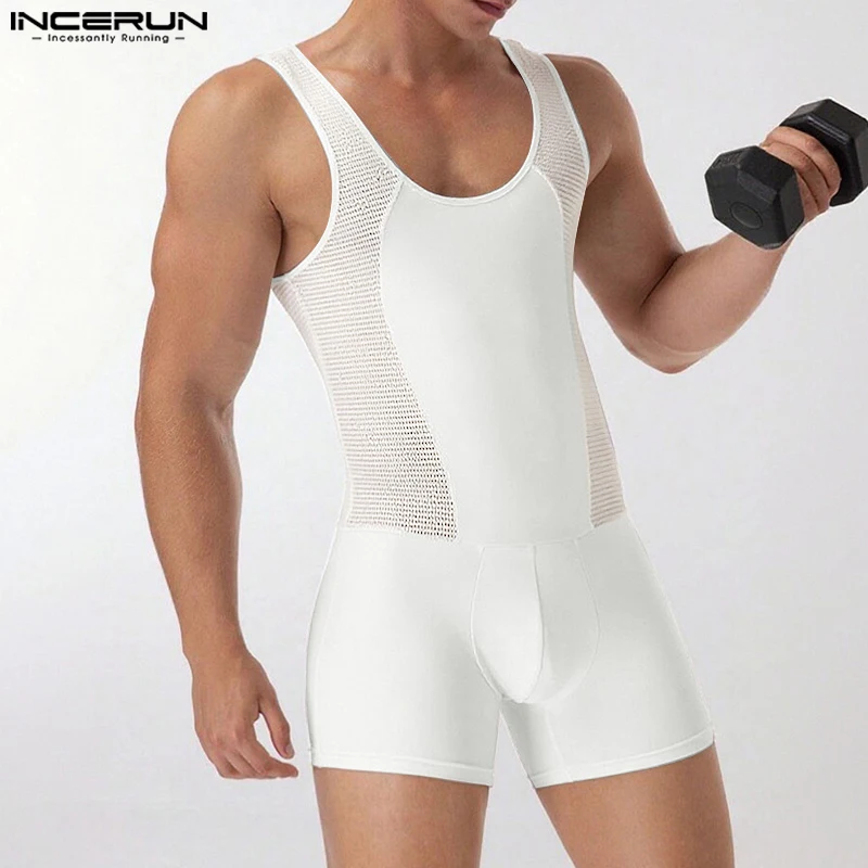 INCERUN Men Bodysuits Mesh Patchwork O-neck Sleeveless Rompers Men Playsuits Sexy 2025 See Through Fashion Casual Male Bodysuit