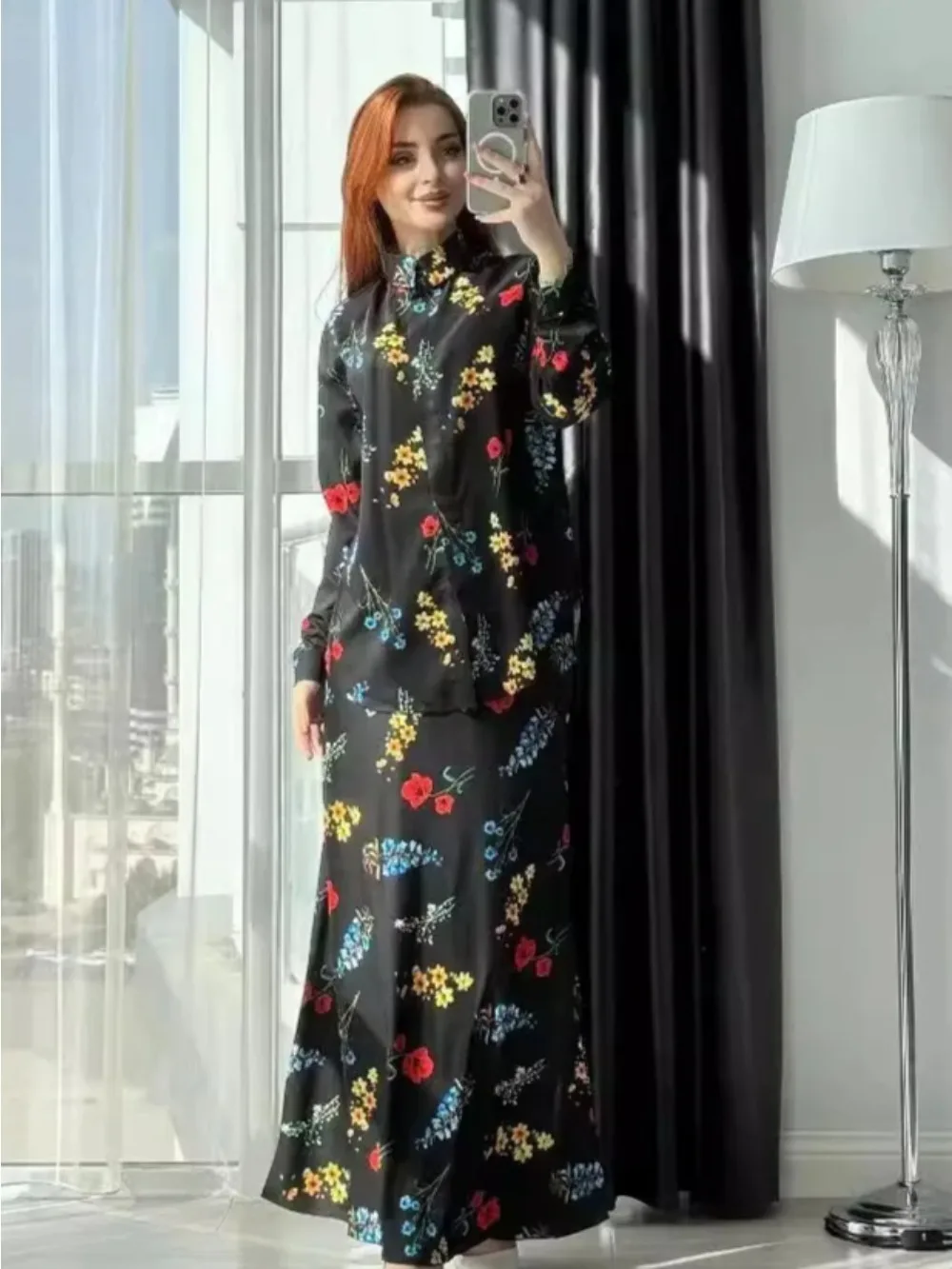 

Muslim Sets Women Lace Up Blouse Top Long Skirt Flower Print 2 Piece Suit Outfits Dubai Saudi Morocco Skirts Musulman Ensemble